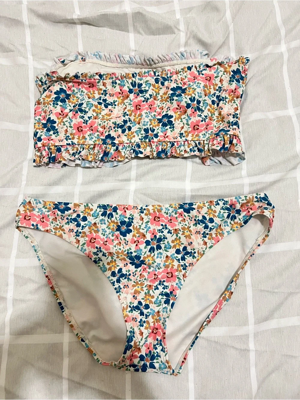 Smocked Floral Bandeau Bikini Set - Pink & Blue